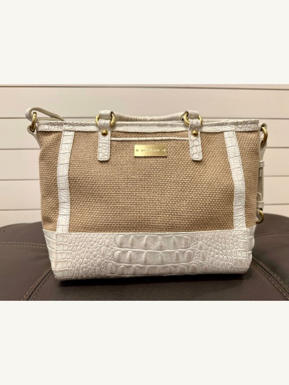 Brahmin White Croc Embossed Leather & Woven Straw Satchel Shoulder Bag - Picture 3 of 16